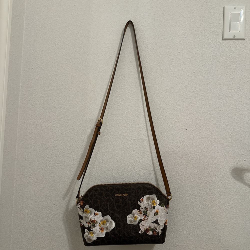 Calvin Klein Brown and White Crossbody Bag with Floral Design